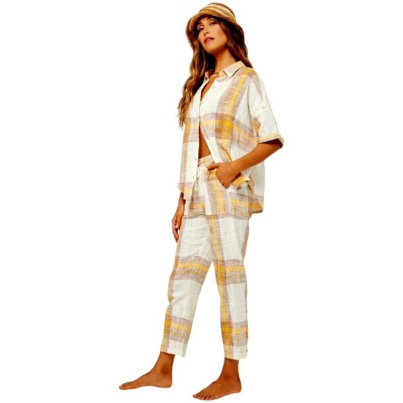 L*Space Cream Plaid Stretch-Waist Pants XS 100% Cotton Coastal Beach Casual - Picture 11 of 11